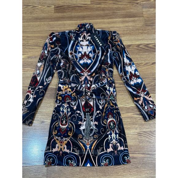 DUNDAS VELVET & LACE PAISLEY PRINT LONG SLEEVE MINI DRESS W FRONT BELT DETAIL 36 - Picture 10 of 13